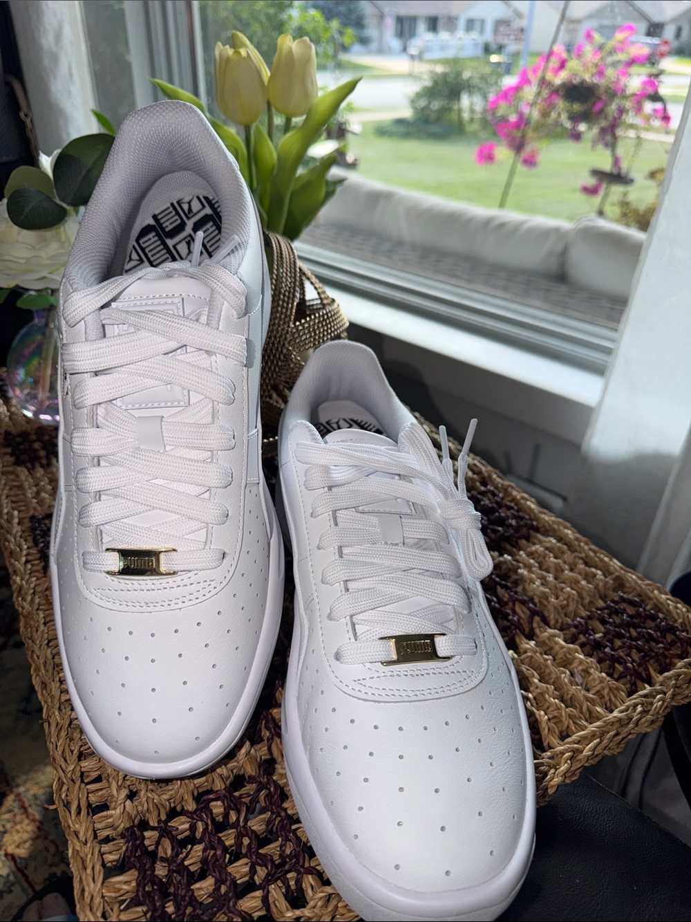 Puma White Low-Top Sneakers with Gold Lace Accents - Picture 2 of 9